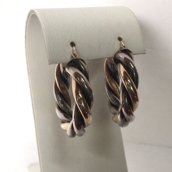 Solid 14K Yellow Gold & 925 Sterling Silver Twisted Rope Cable Hoop Earrings - Picture 9 of 12